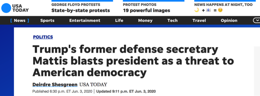 美媒:特朗普威胁动用军队 多位军方高官“反水”